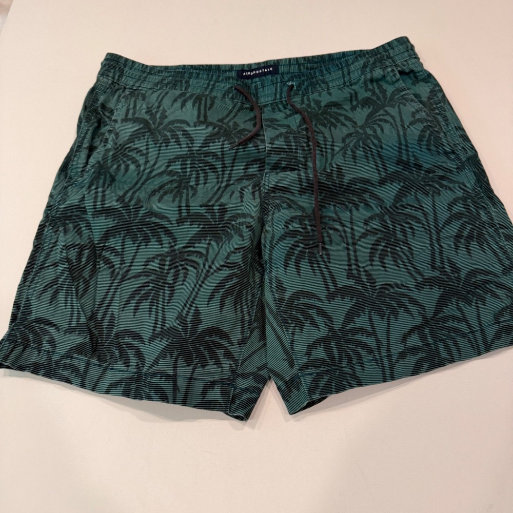 Aeropostale Tropical Palm Print Drawstring Shorts Men's Large Teal Black Resort